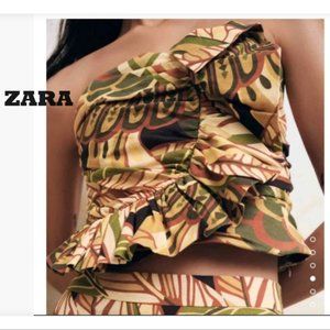 NWT ZARA Linen Blend Green Beige Black Smocked Ruffled Top